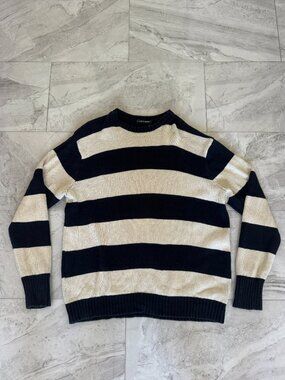 Brandy Melville Dark Navy Blue & Cream Striped Oversized Knit Sweater